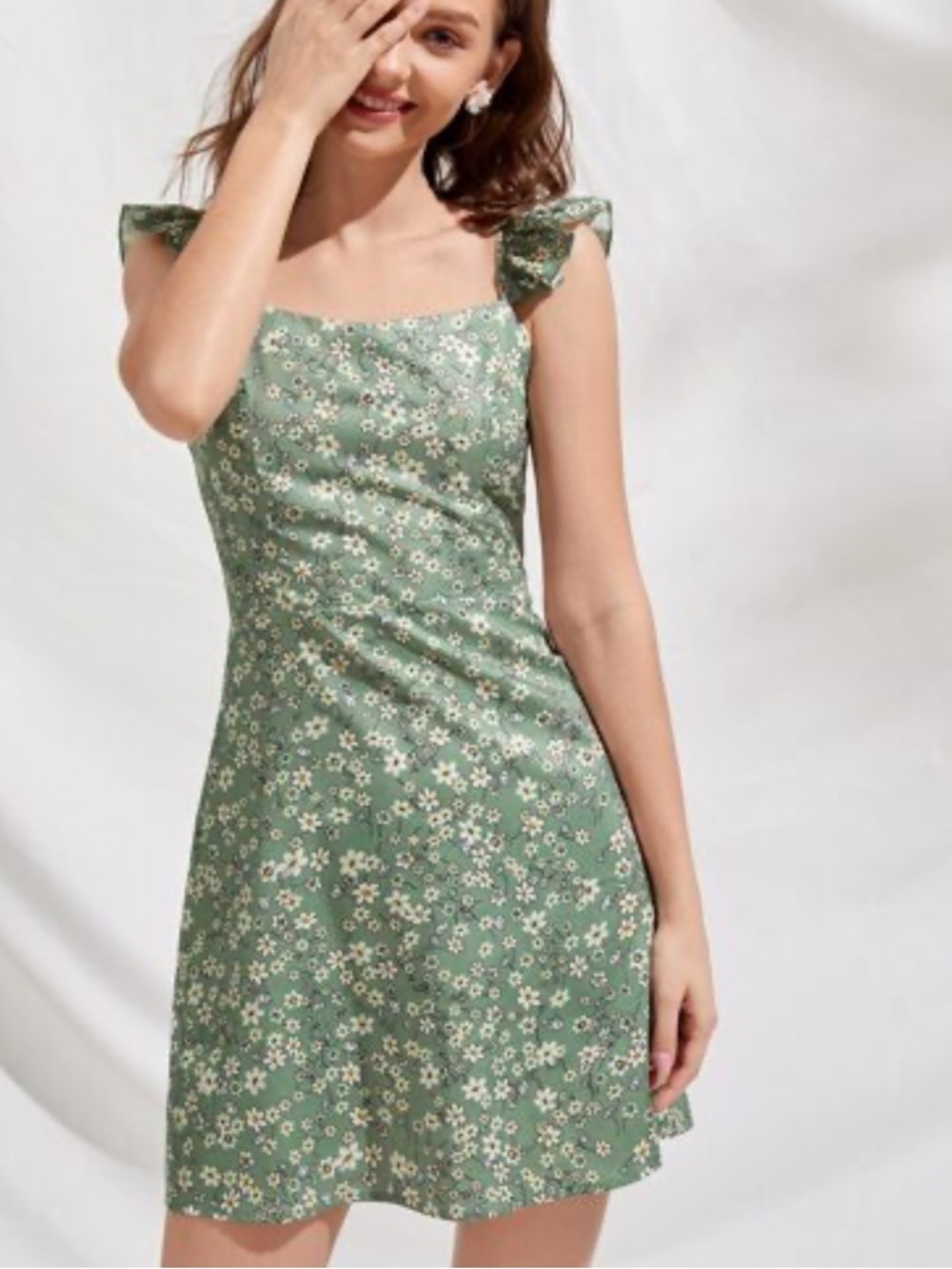 ROMWE‎ Green Floral Ruffle-Strap Mini Dress